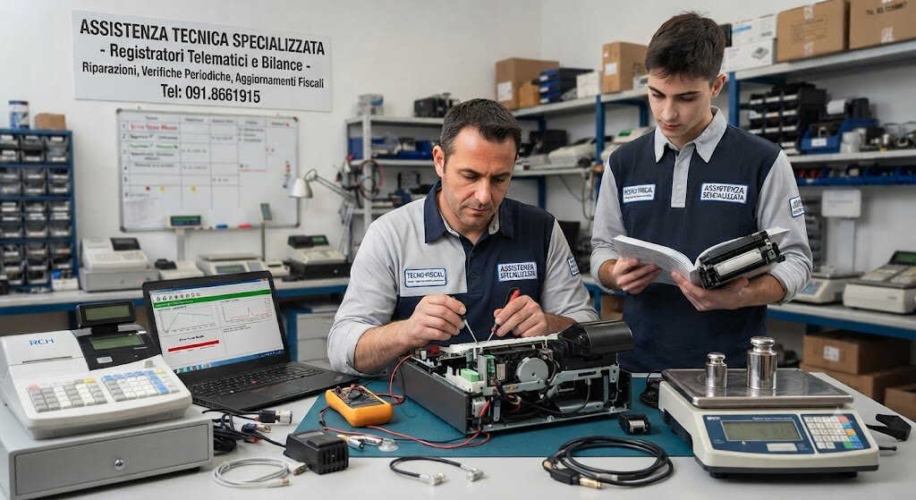 Tecnico che effettua assistenza su un registratore telematico