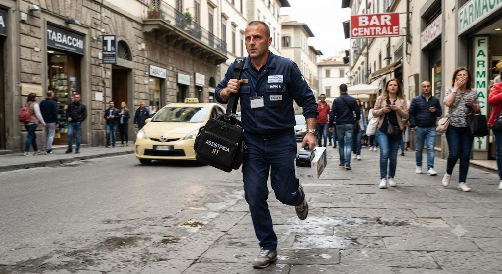 Tecnico che raggiunge rapidamente un negozio per un intervento